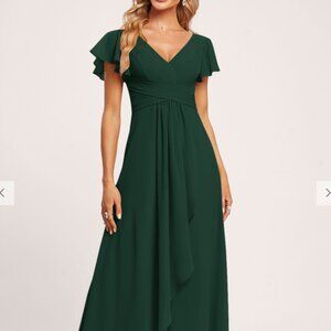 JJ's A-line V-Neck Floor-Length Chiffon Bridesmaid Dress With Ruffle (Green, 10)